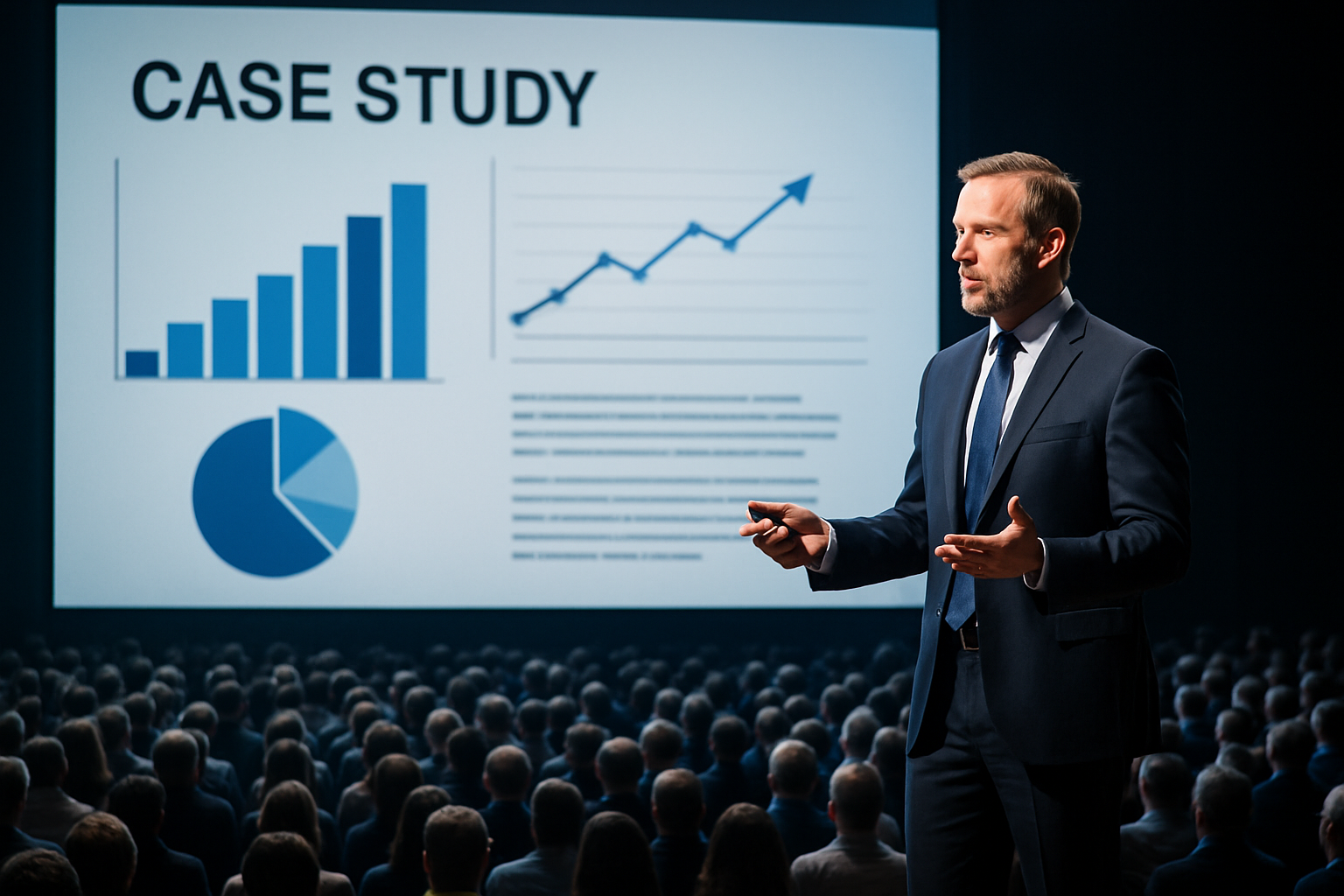 photographic A top company executuve presenting a case study on stage with 100s of audience