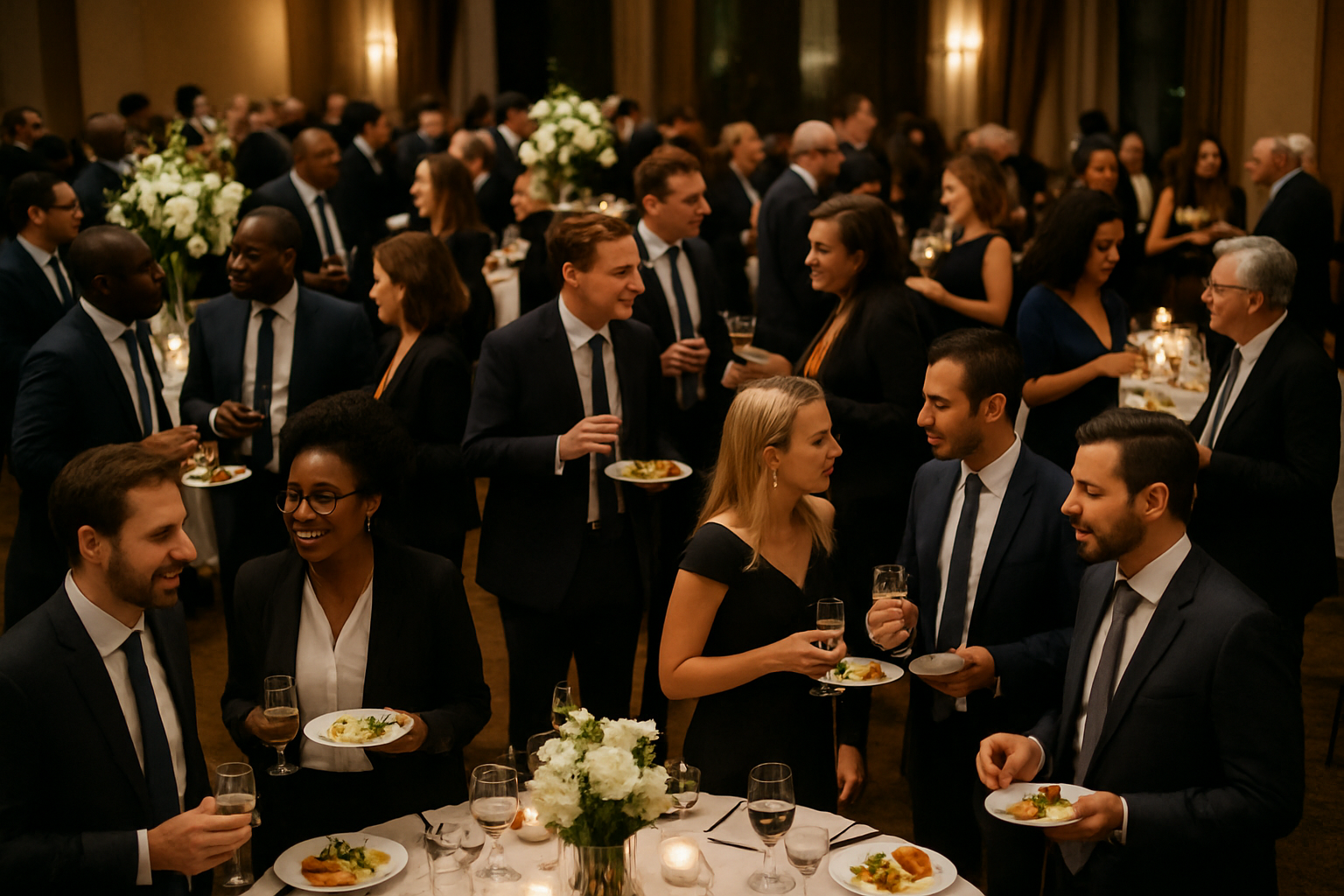 photographic Many people networking with food and drinks in a gala dinner